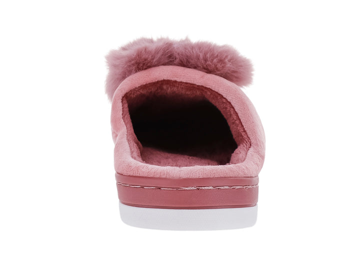 Pantufla color rosa con detalle de pompón de peluche en la parte superior y suela blanca.