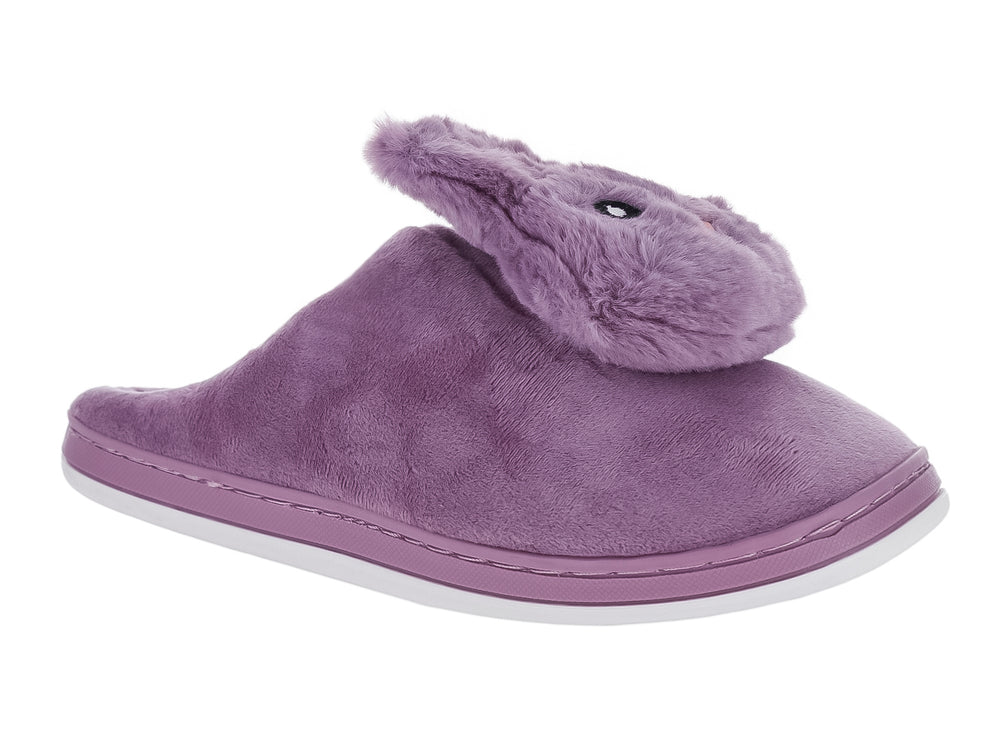 Pantufla morada de material suave con borde de peluche y suela blanca.