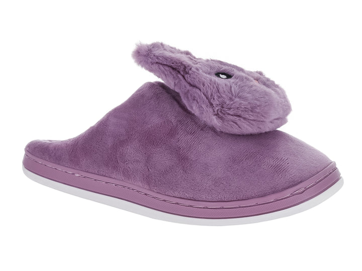 Pantufla morada de material suave con borde de peluche y suela blanca.