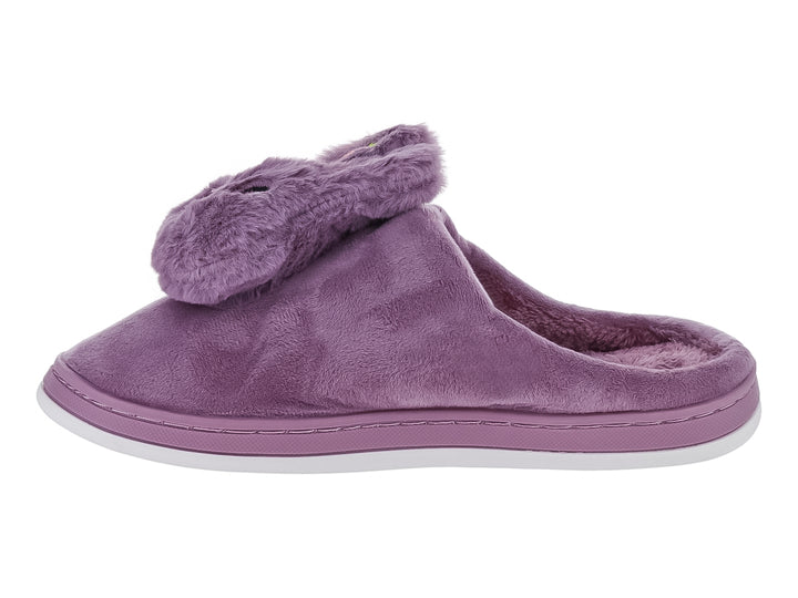 Pantufla morada de material suave con borde de peluche y suela blanca.