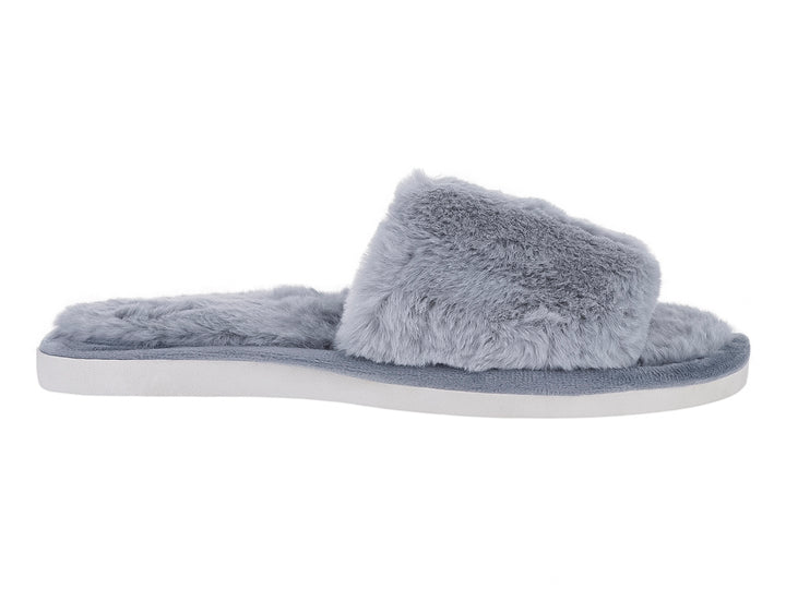 Pantufla gris de textura peluda con suela blanca, vista lateral.