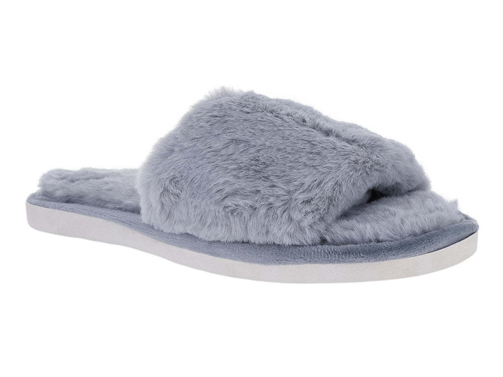 Pantufla gris de textura peluda con suela blanca, vista lateral.