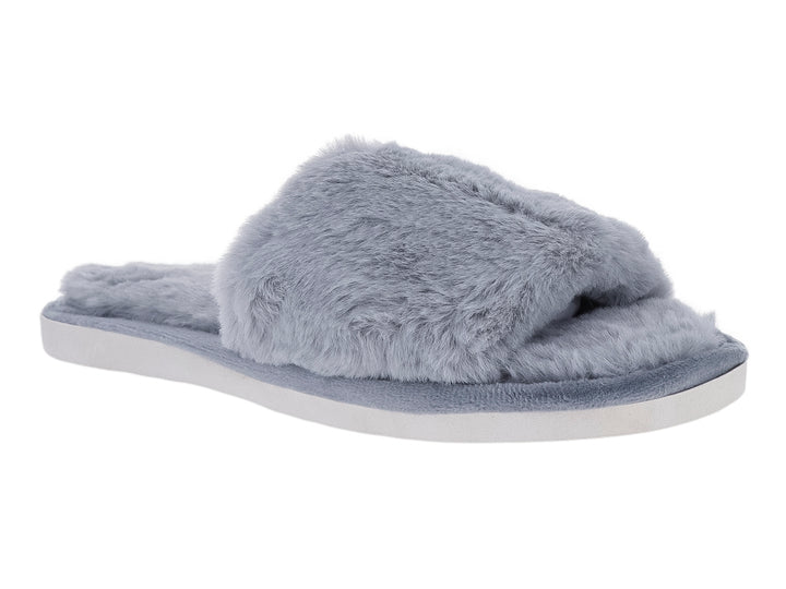 Pantufla gris de textura peluda con suela blanca, vista lateral.