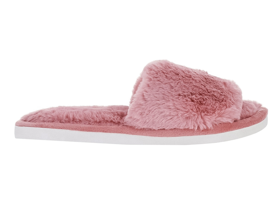 Pantufla rosa de textura peluda con suela blanca para mujer.