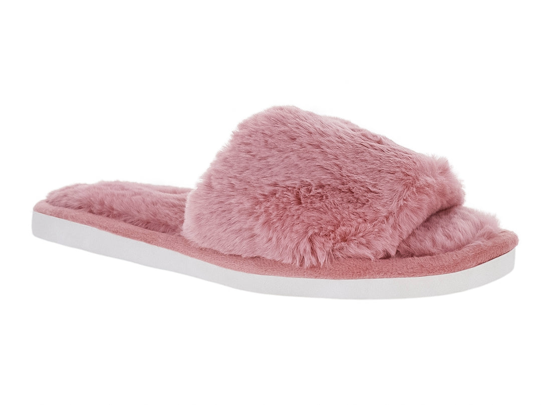 Pantufla rosa de textura peluda con suela blanca para mujer.