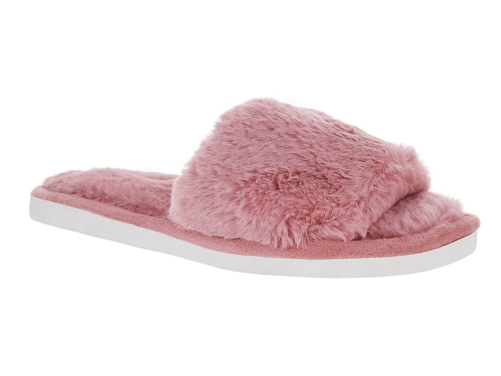 Pantufla rosa de textura peluda con suela blanca para mujer.