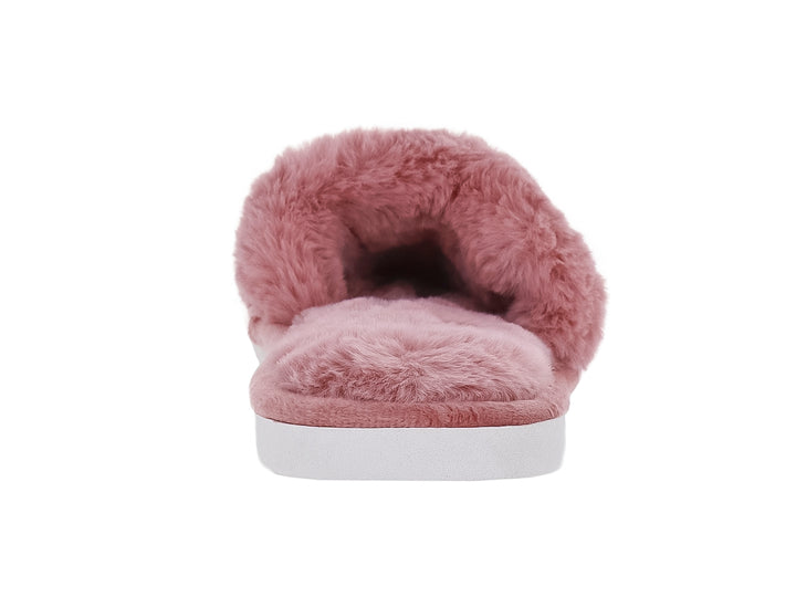 Pantufla rosa de textura peluda con suela blanca para mujer.