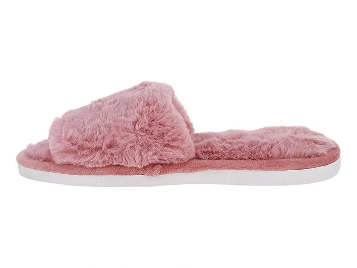 Pantufla rosa de textura peluda con suela blanca para mujer.