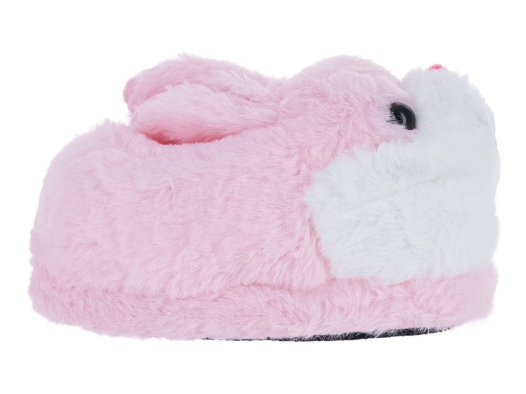 Pantufla rosa y blanca con forma de conejo en 3D hecha de material suave y peludo.