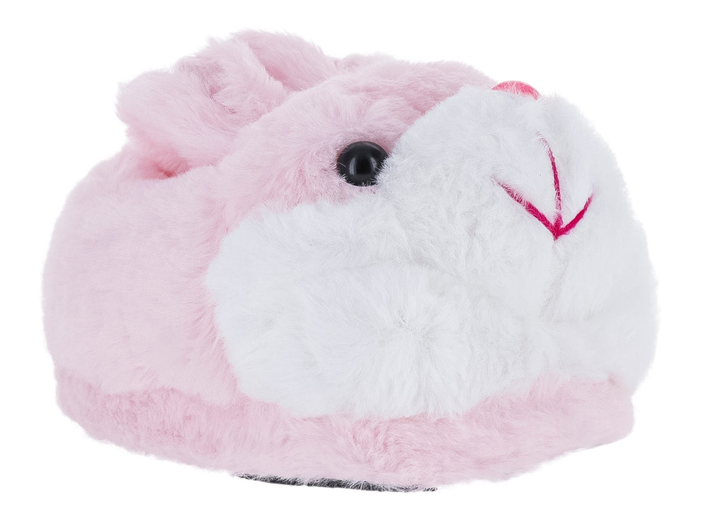 Pantufla rosa y blanca con forma de conejo en 3D hecha de material suave y peludo.