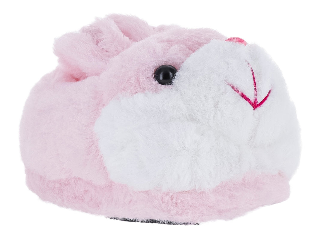 Pantufla rosa y blanca con forma de conejo en 3D hecha de material suave y peludo.