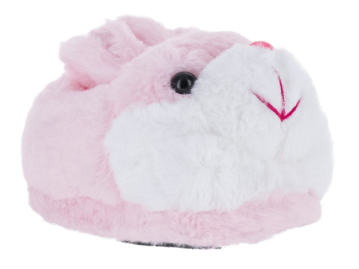 Pantufla rosa y blanca con forma de conejo en 3D hecha de material suave y peludo.