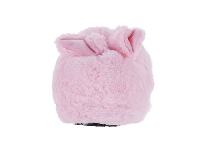 Pantufla rosa y blanca con forma de conejo en 3D hecha de material suave y peludo.