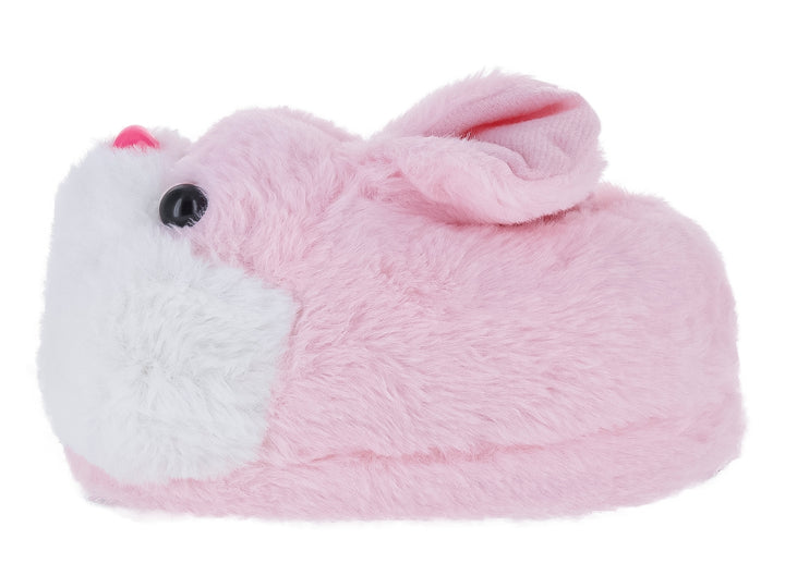 Pantufla rosa y blanca con forma de conejo en 3D hecha de material suave y peludo.