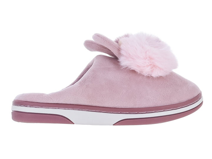 Pantufla color rosa con pompon y orejas decorativas en la parte superior y suela blanca.