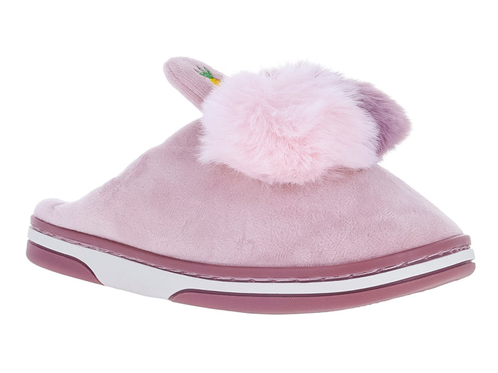 Pantufla color rosa con pompon y orejas decorativas en la parte superior y suela blanca.