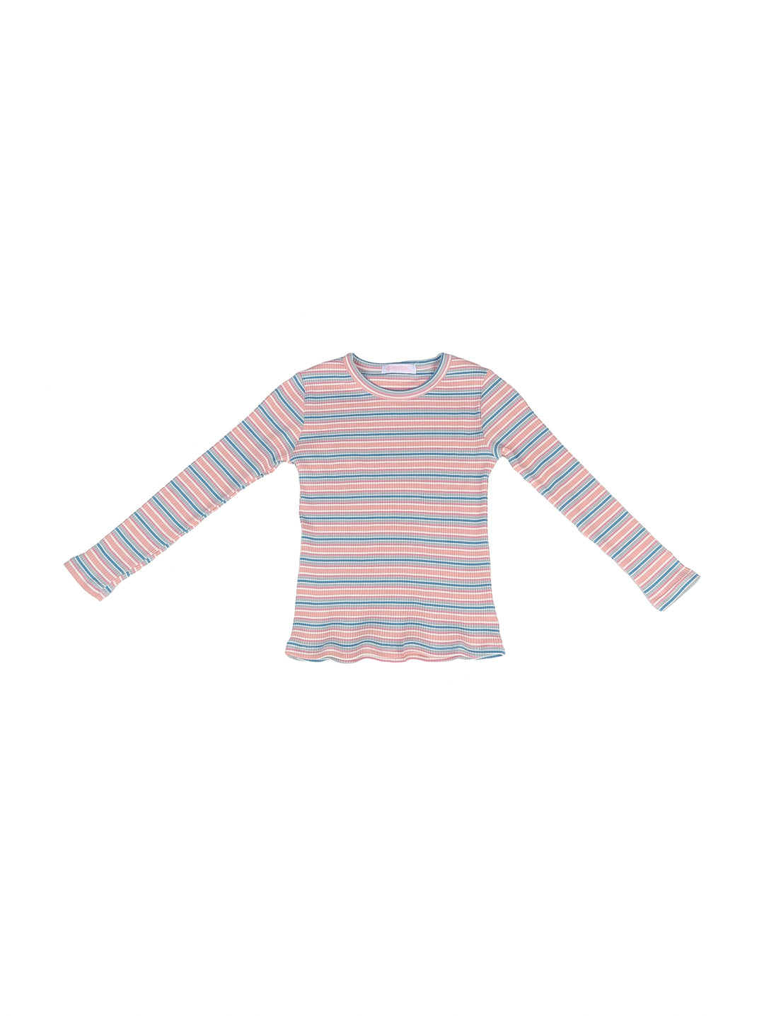 Playera de manga larga con rayas horizontales en colores rosa y azul claro.