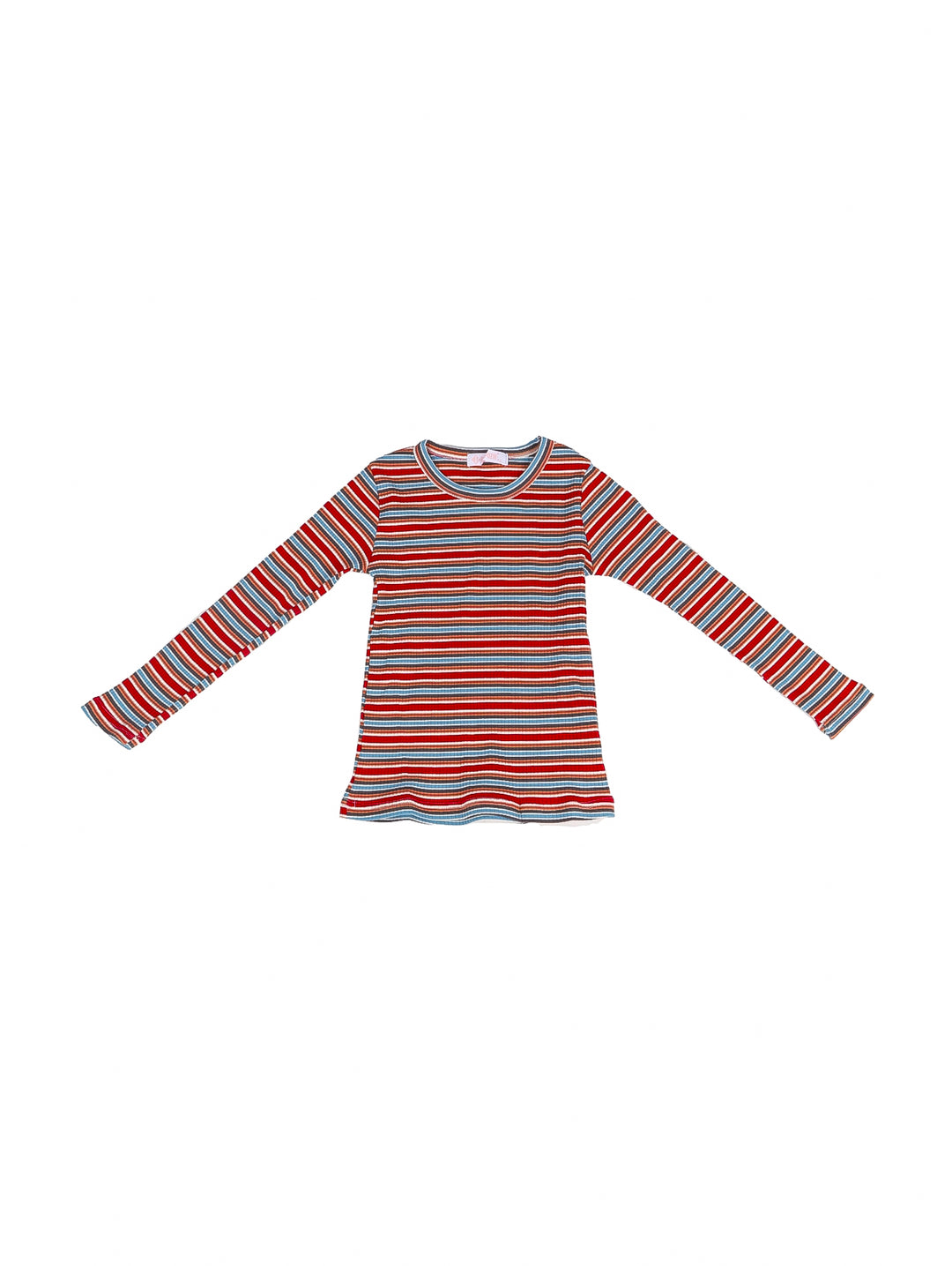 Playera de manga larga con diseño de rayas horizontales en colores vino, azul y blanco.