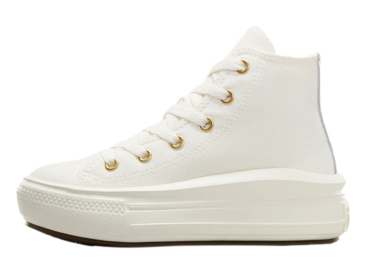 Tenis Converse de bota color blanco roto con suela de plataforma y ojillos dorados.