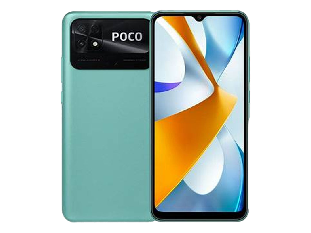 Smartphone Xiaomi POCO color verde, vista frontal y posterior.