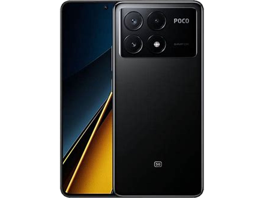 Teléfono inteligente Xiaomi Poco X6 5G en color negro, vista frontal y trasera.