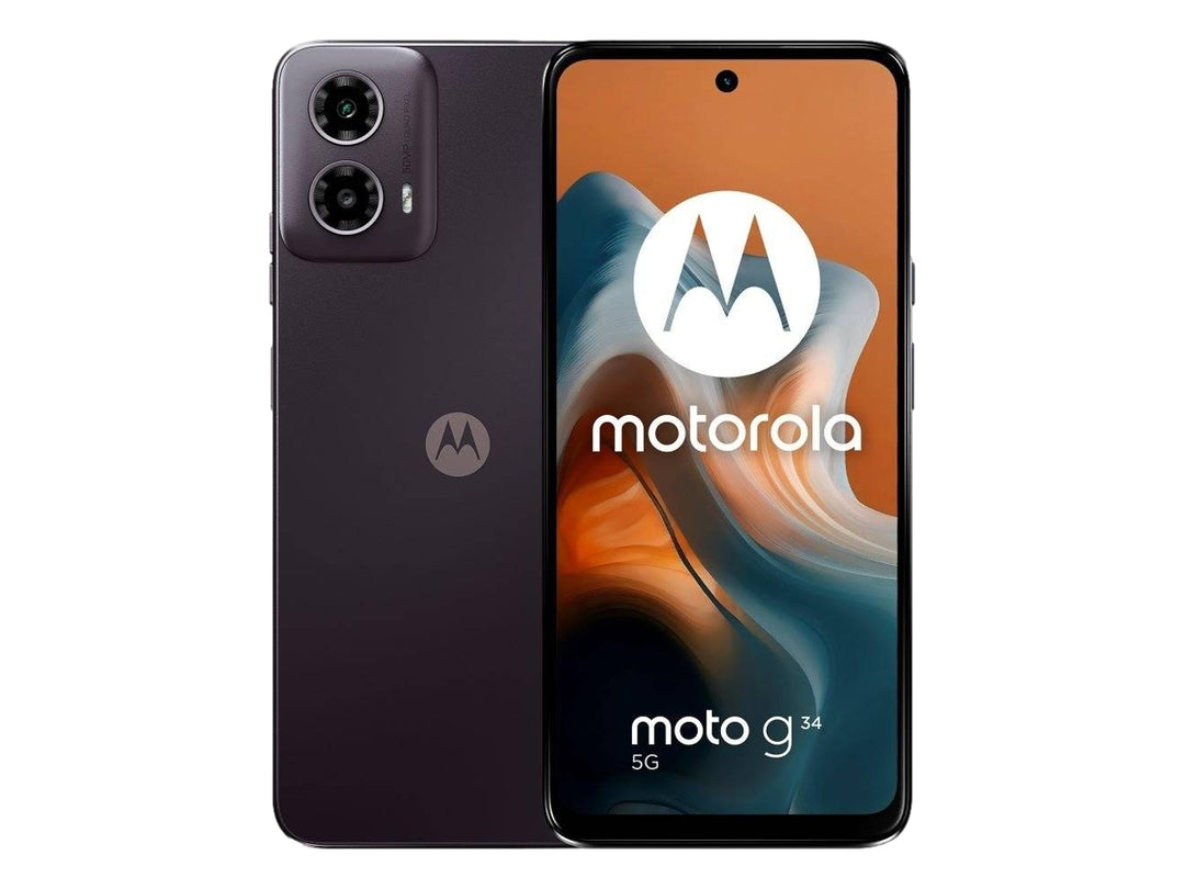 Smartphone Motorola Moto g34 color negro, vista frontal y posterior.