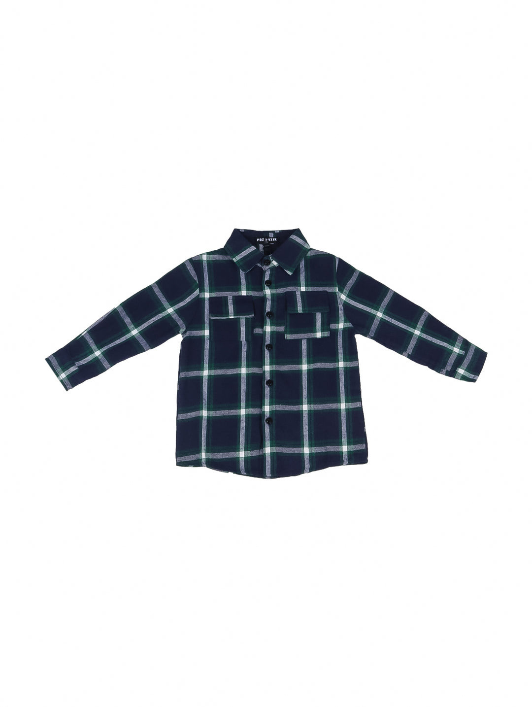 Camisola infantil de cuadros en tonos verde y azul marino con botones frontales.