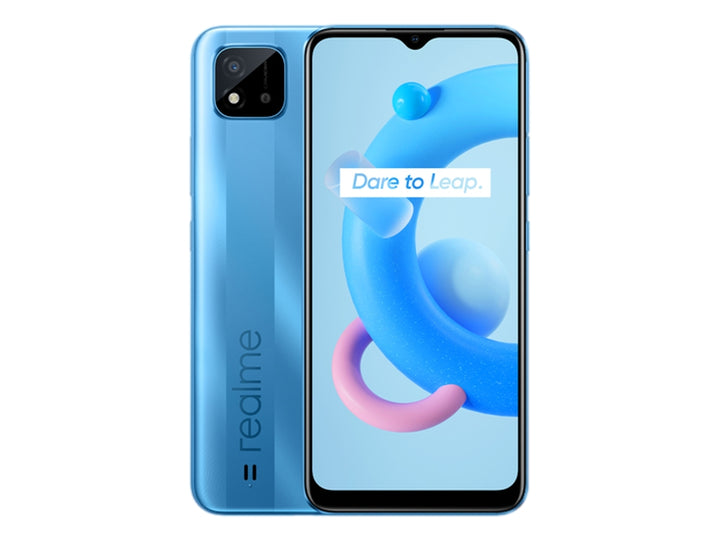 Smartphone Realme C11 en color azul, vista frontal y posterior sobre fondo blanco.