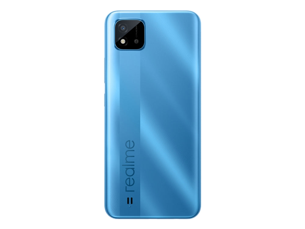 Smartphone Realme C11 en color azul, vista frontal y posterior sobre fondo blanco.