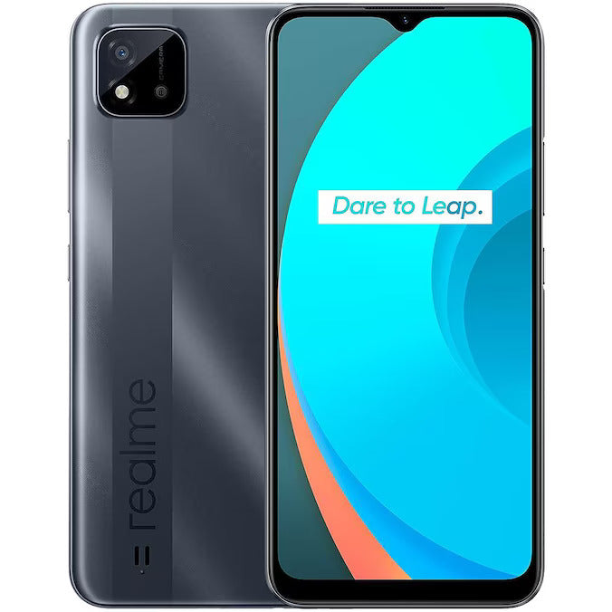 Teléfono inteligente Realme C11 en color gris, vista frontal y posterior.