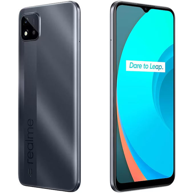 Teléfono inteligente Realme C11 en color gris, vista frontal y posterior.