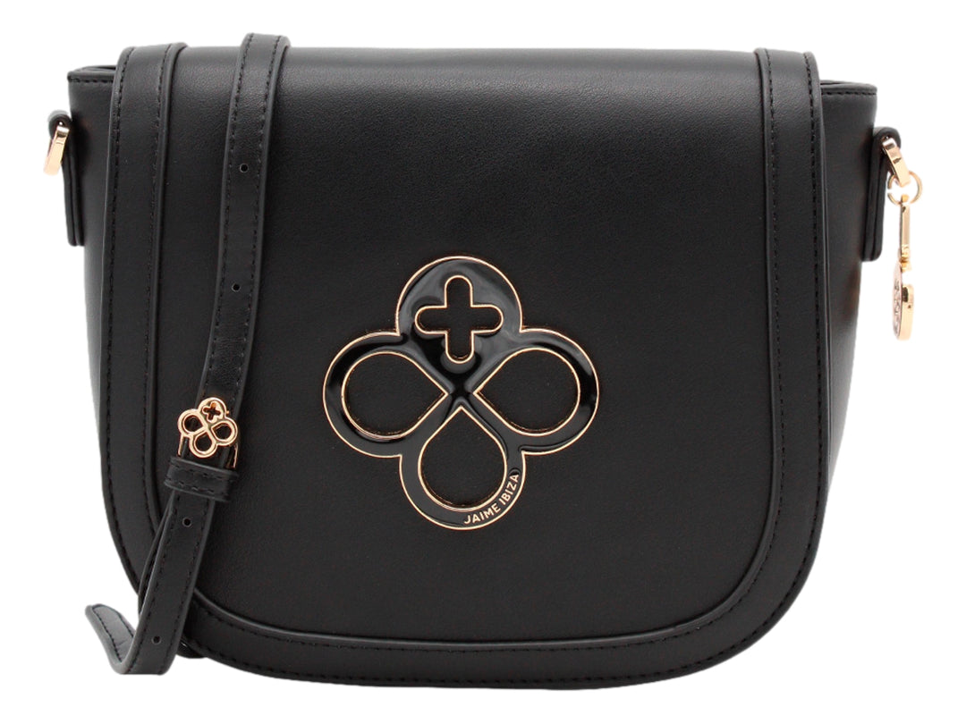Bolso bandolera negro de Jaime Ibiza con herrajes dorados y logo ornamental en el centro.