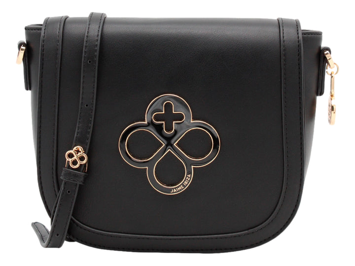 Bolso bandolera negro de Jaime Ibiza con herrajes dorados y logo ornamental en el centro.