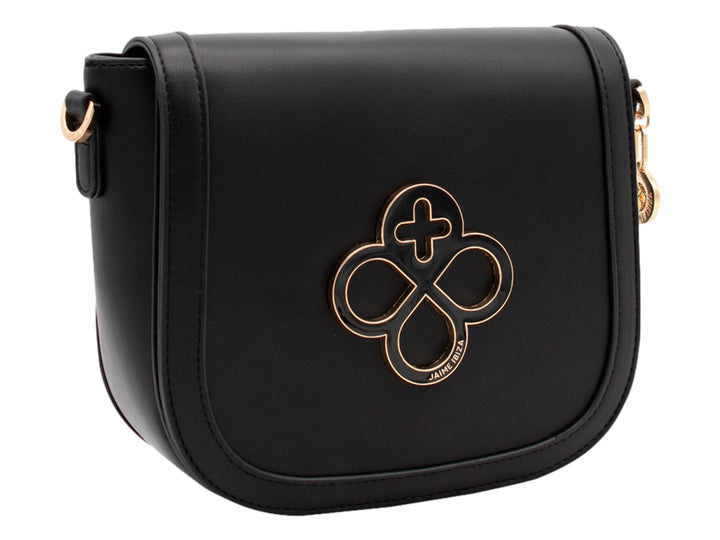Bolso bandolera negro de Jaime Ibiza con herrajes dorados y logo ornamental en el centro.