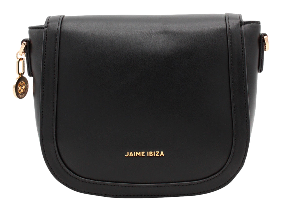 Bolso bandolera negro de Jaime Ibiza con herrajes dorados y logo ornamental en el centro.