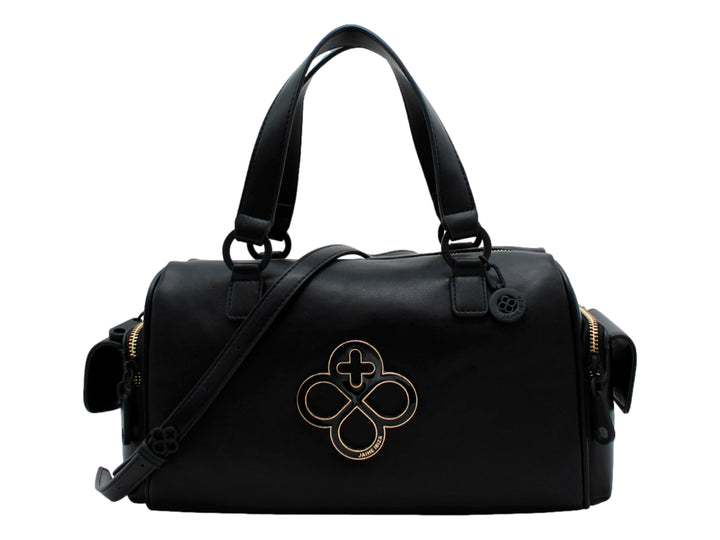 Bolso negro de Jaime Ibiza con asas superiores, correa ajustable y detalle decorativo circular en el frente.