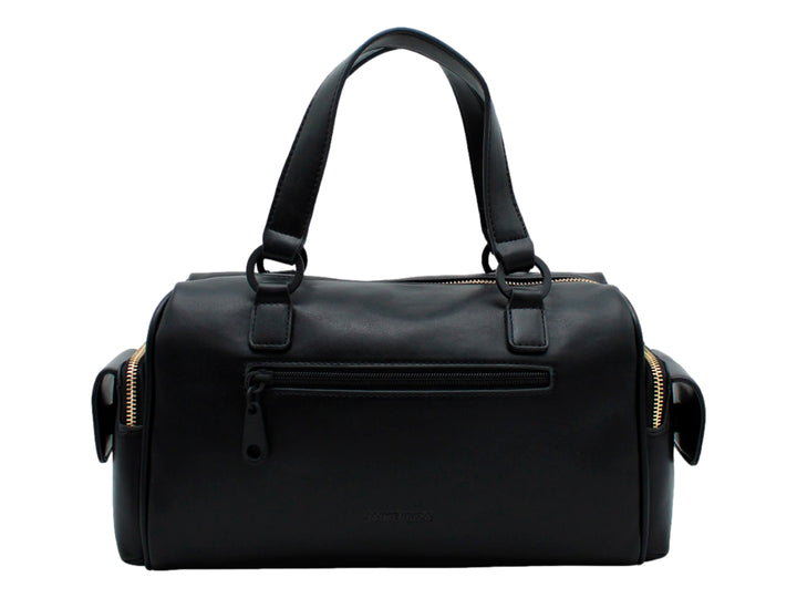Bolso negro de Jaime Ibiza con asas superiores, correa ajustable y detalle decorativo circular en el frente.
