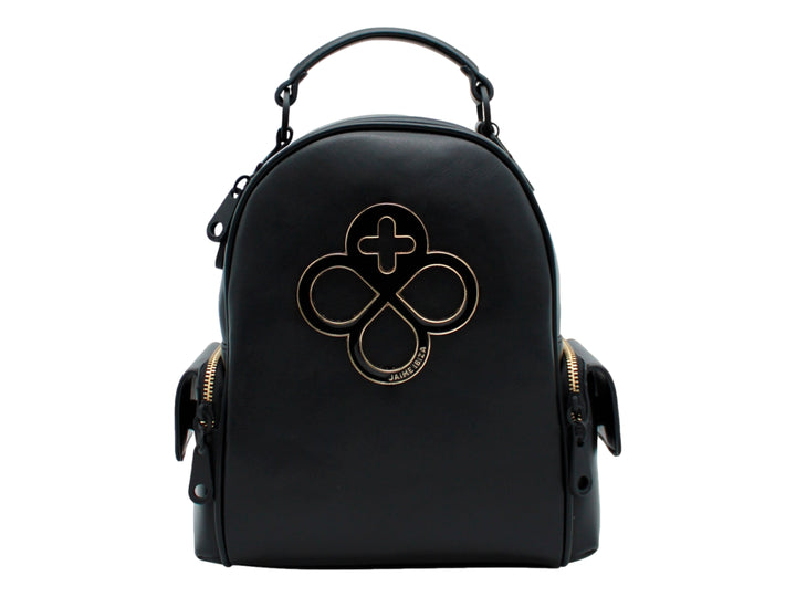 Bolso tipo mochila color negro de la marca Jaime Ibiza con detalles y cierres en color dorado.