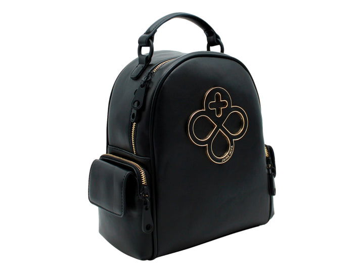 Bolso tipo mochila color negro de la marca Jaime Ibiza con detalles y cierres en color dorado.
