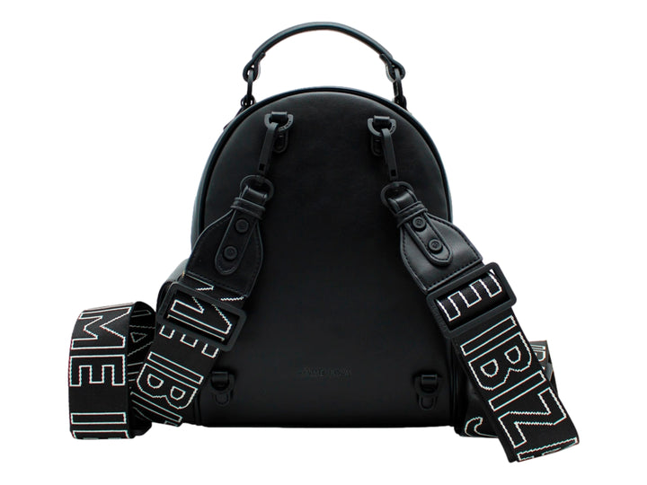 Bolso tipo mochila color negro de la marca Jaime Ibiza con detalles y cierres en color dorado.