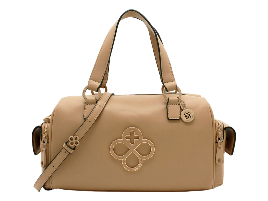 Bolso de hombro Jaime Ibiza en color taupe con asa superior, correa larga y detalle decorativo frontal circular.