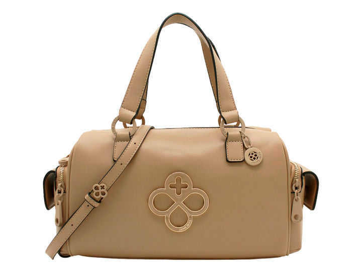 Bolso de hombro Jaime Ibiza en color taupe con asa superior, correa larga y detalle decorativo frontal circular.