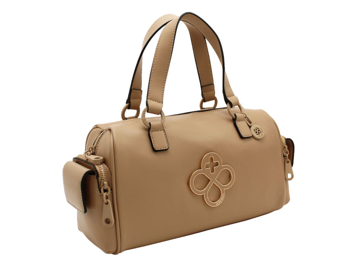 Bolso de hombro Jaime Ibiza en color taupe con asa superior, correa larga y detalle decorativo frontal circular.