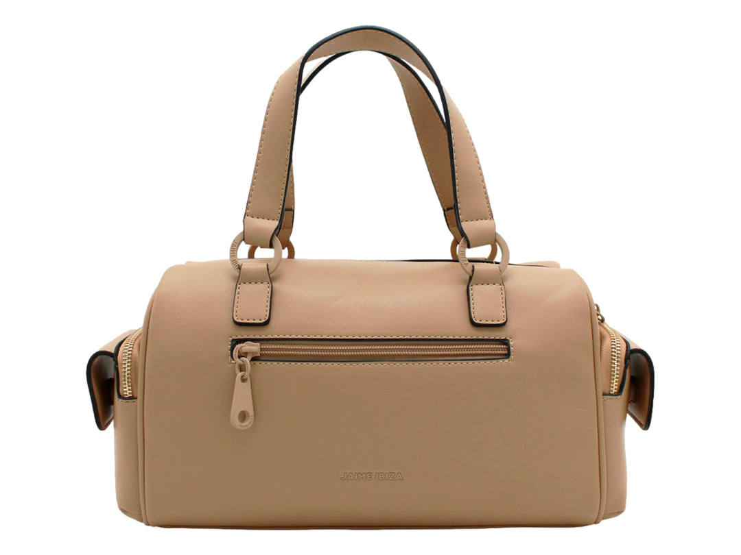 Bolso de hombro Jaime Ibiza en color taupe con asa superior, correa larga y detalle decorativo frontal circular.