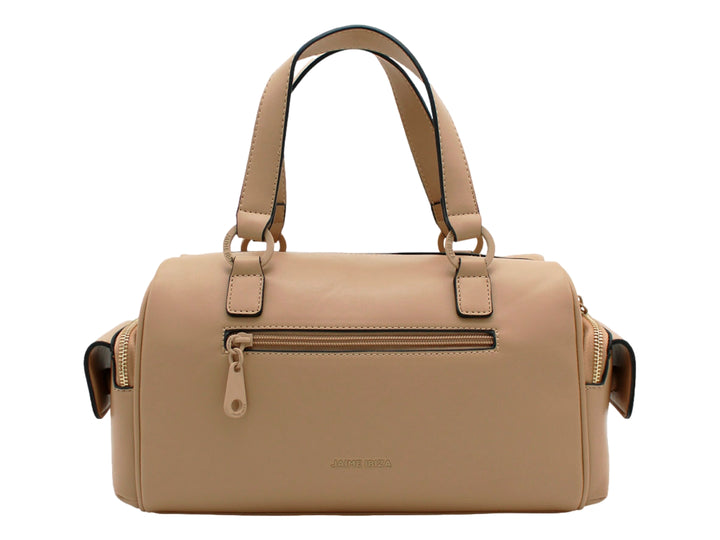 Bolso de hombro Jaime Ibiza en color taupe con asa superior, correa larga y detalle decorativo frontal circular.