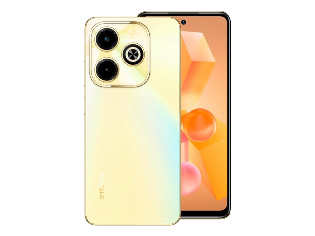 Smartphone Infinix Note 40 en color dorado, vista frontal y posterior sobre fondo blanco.