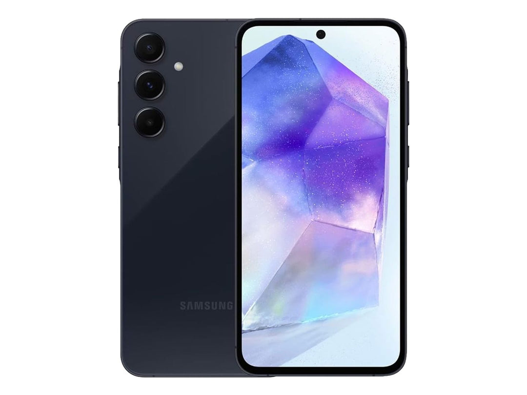Smartphone Samsung Galaxy A55 color negro, vista frontal y trasera.
