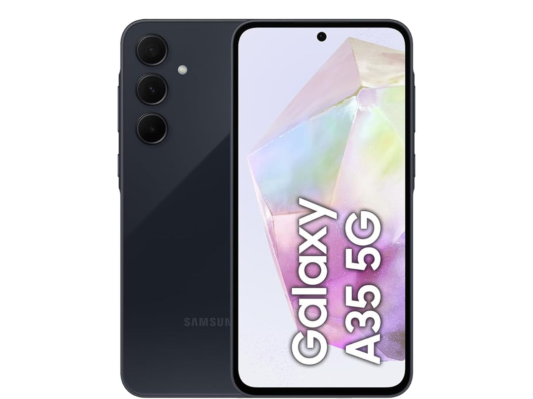 Smartphone Samsung Galaxy A35 5G en color negro, vista frontal y posterior.