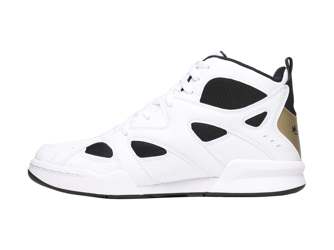 Tenis de baloncesto Reebok ATR Decimator en color blanco con detalles en negro y dorado.