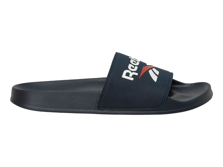 Sandalias Reebok Fulgere Slide en color azul marino con logotipo blanco y rojo en la banda superior.